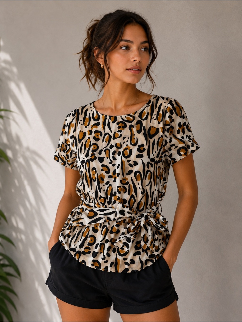 True Destiny Leopard Print Tie-Waist Short Sleeve Top - Beige, Black, Brown